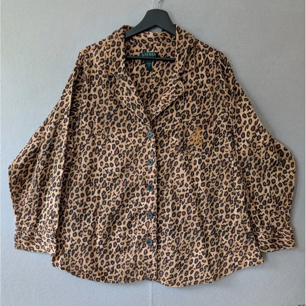 Ralph Lauren Monogramed Women Leopard PJ Pajama Sleep Top‎ Long Sleeve Shirt 1X